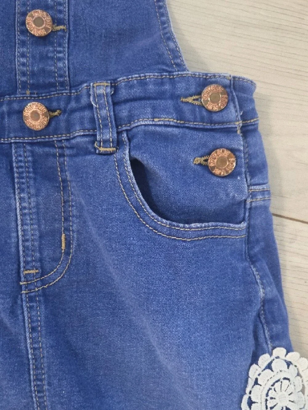 Soho Blue Denim Pinafore Skirt with White Lace Trim
